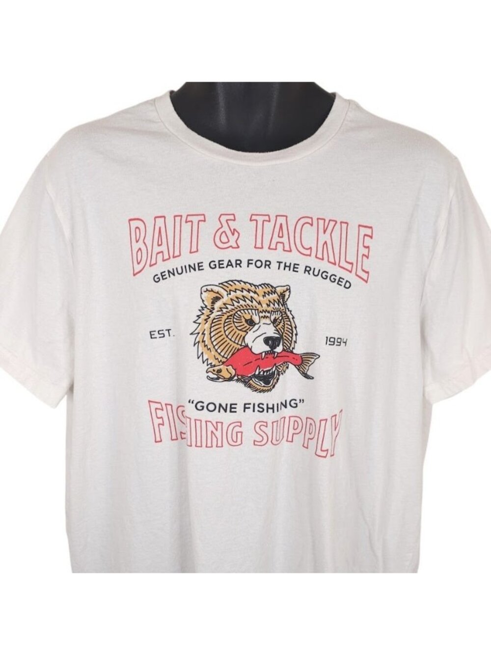 Bait & Tackle Fishing Supply T Shirt Mens Size XL White Grizzly Bear Salmon